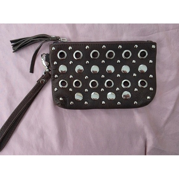 Handbags - Dark Brown Pebbled Leather Studded Grommet Wristlet Clutch Bag Silver Hardware